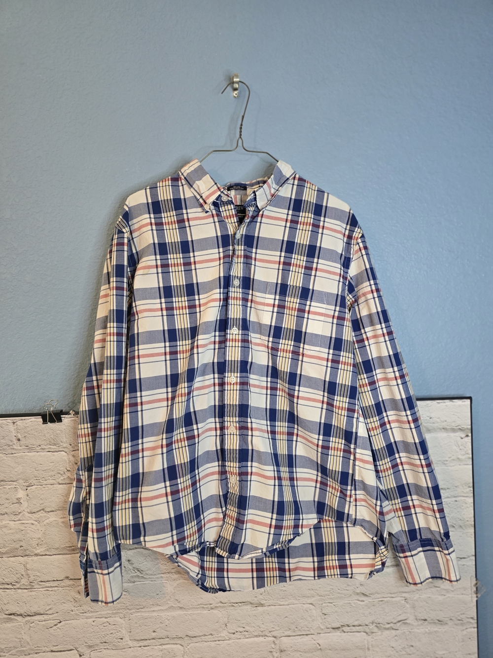 J. Crew Blue, White and Red Plaid Button-Down Shirt Sz L